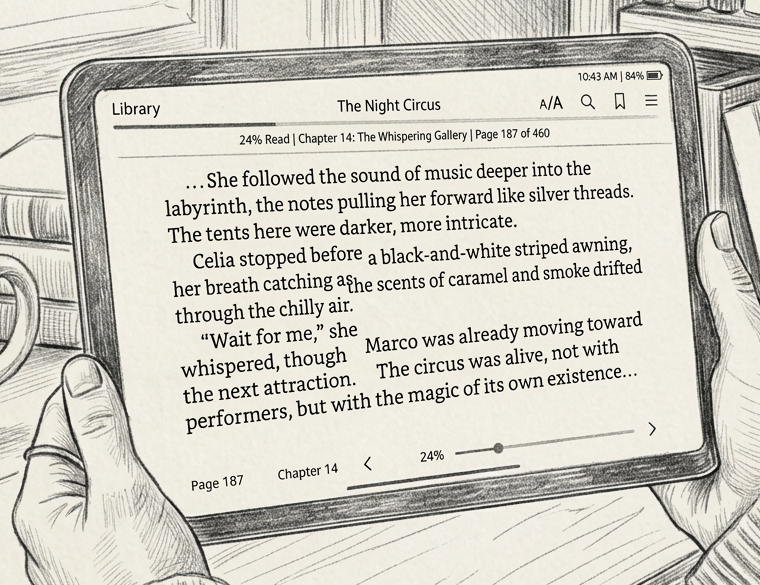 Person holding a tablet showing an e-book with text from 'The Night Circus'