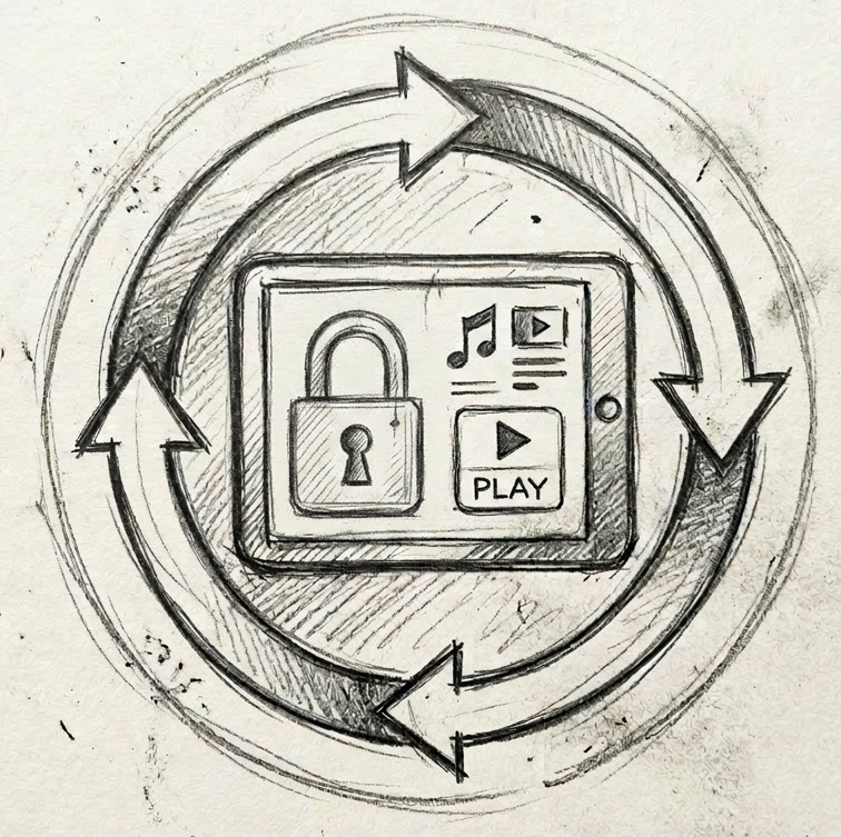 Sketch of a tablet with a dollar sign, media icons, and circular arrows depicting digital subscription